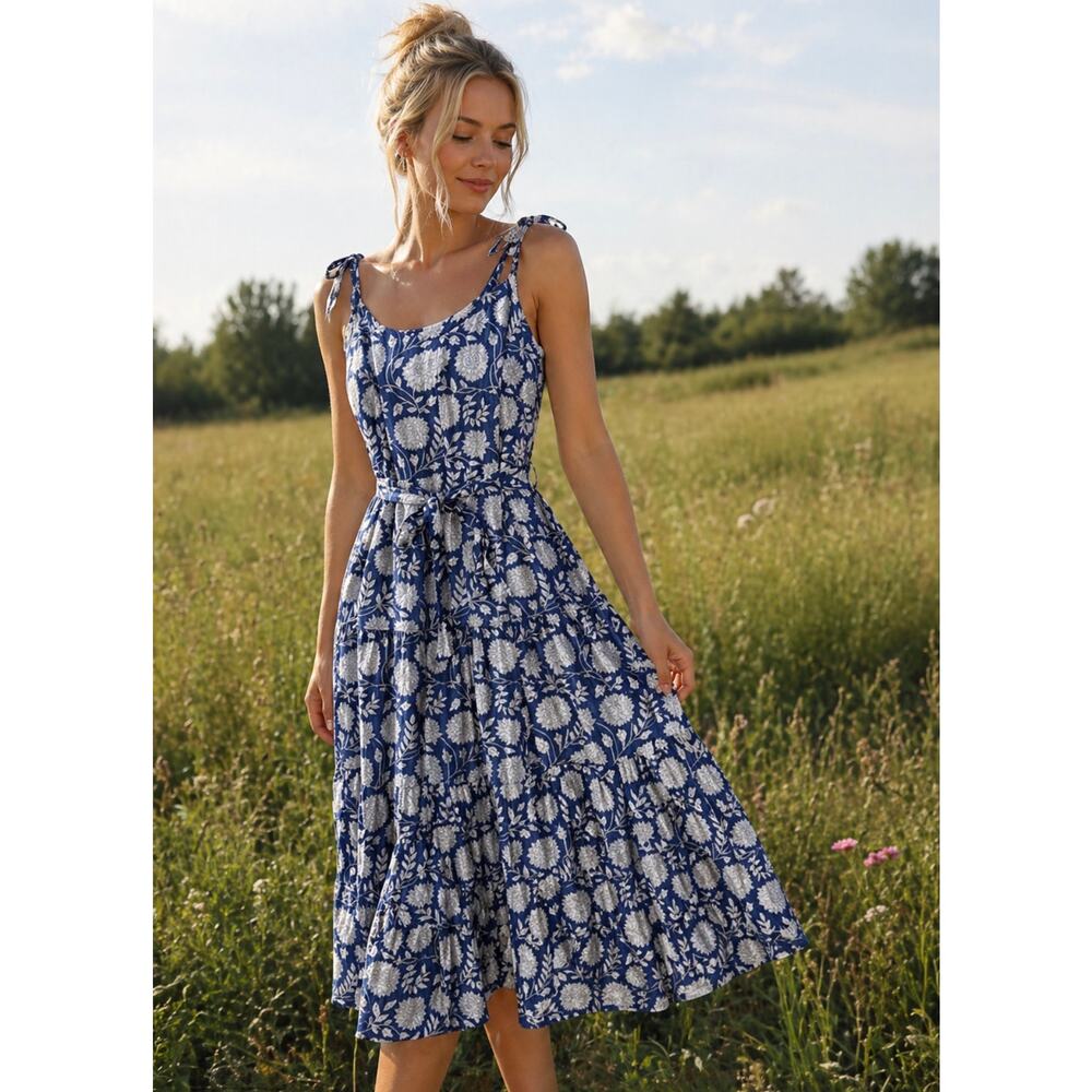 Beau & Ro Folk Floral Block Print Maxi Dress Colbalt Blue Pockets Size Large